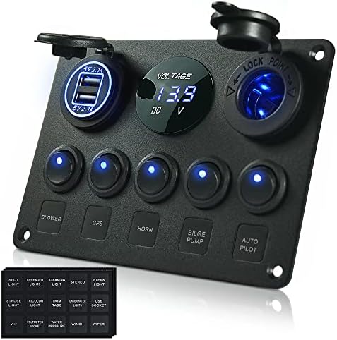 MICTUNING 5 Gang Rocker Switch Panel with LED light 12V-24V Toggle Switch Panel with Dual USB Charger Digital Voltmeter Cigarette Lighter Socket for Car Trunk Boat