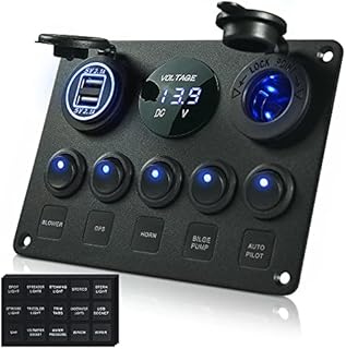 MICTUNING 5 Gang Rocker Switch Panel with LED light 12V-24V Toggle Switch Panel with Dual USB Charger Digital Voltmeter Cigarette Lighter Socket for Car Trunk Boat