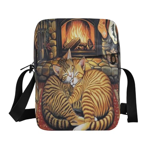 crossbody messenger bag crossbody bag women's crossbody handbags Adjustable Strap for Casual Casual- Hearthside Feline Siesta Cozy Cats by The Fire