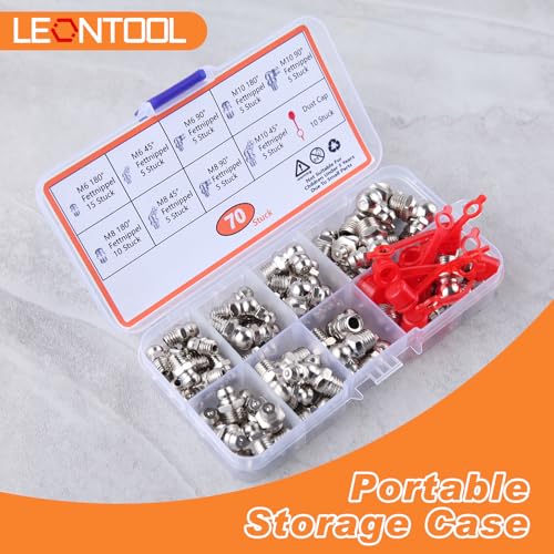 Image of 70 PCS Metric Hydraulic Grease Fittings Assortment, M6 M8 M10 Straight 45 90 Angled Zerk Grease Fitting with Cap, Galvanized Steel Grease Zerk Kit for Bearing Housing Mechanical Lubrication