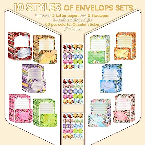 Image of TaoBary 160 Pcs Flower Stationery Paper and Envelopes Set 50 Double Sided Lined Stationery Paper with 50 Matching Envelopes and 60 Round Dot Sticker 5.5 x 8.25'' Letter Writing Kit, 10design