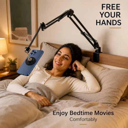 Image of BROLAVIYA Overhead Video Mobile Stand, New Magnetic Bracket with Extra Long Arm, 1 /4 inch Head 2 Way Base clamp, Strong Magnet Compatible with iPhone and Smartphones for Home, Office