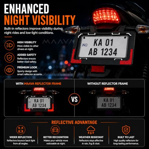 Image of Universal Bike Number Plate Frame with Reflector | Front (30 x 6.8 cm) & Rear (22.5 x 13 cm) ABS Number Plate Holder Set | Durable Registration Plate Frame for Bikes & Scooters | Universal Fit | Black