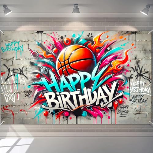 Image of BlissYard Graffiti Basketball Birthday Banner 71x43 Inch Street Art Spray Paint Sports Ball Theme Decor Banner Party Atmosphere Photography Background Indoor and Outdoor Celebration Event Decoration