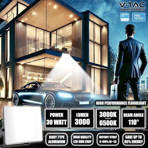 V-TAC Faro Led Da Esterno 30W - [Chip Samsung + Tecnologia Rle + Innovativa Copertura In Policarbonato] - Alta Luminosità: 3000 Lumen - IP65 - Faretto Led Per Casa, Garage, Magazzino - Luce Cct 3 In 1 - 3