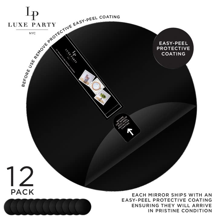 LUXE PARTY 12 Pack Round Mirror Charger Plate | Lightweight | Decorative Dinnerware | Dinner Party | Wedding | Events | Table Setting | Black