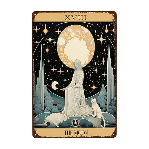 OMMIIY Letreros de metal vintage con diseño de gato de 8 x 12 pulgadas, carta del tarot de la luna XVIII, letreros de metal para decoración de pared retro para el hogar