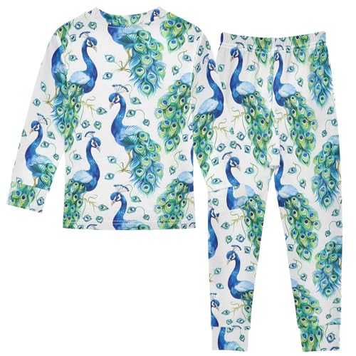 ALAZA Peacock Stylish Watercolor Pajamas Long Sleeve Sleepwear 2-Piece Pajama Set 6Y2