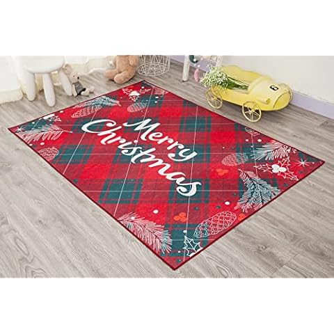 Christmas rugs colorful printed mats Non Slip Indoor Door Mats Small Large XMAS Washable Rugs Bedroom Kitchen Floor Mat runner hard wearing Carpet Mat area rug (Red and green tartan, 80 x 120 cms) Cover