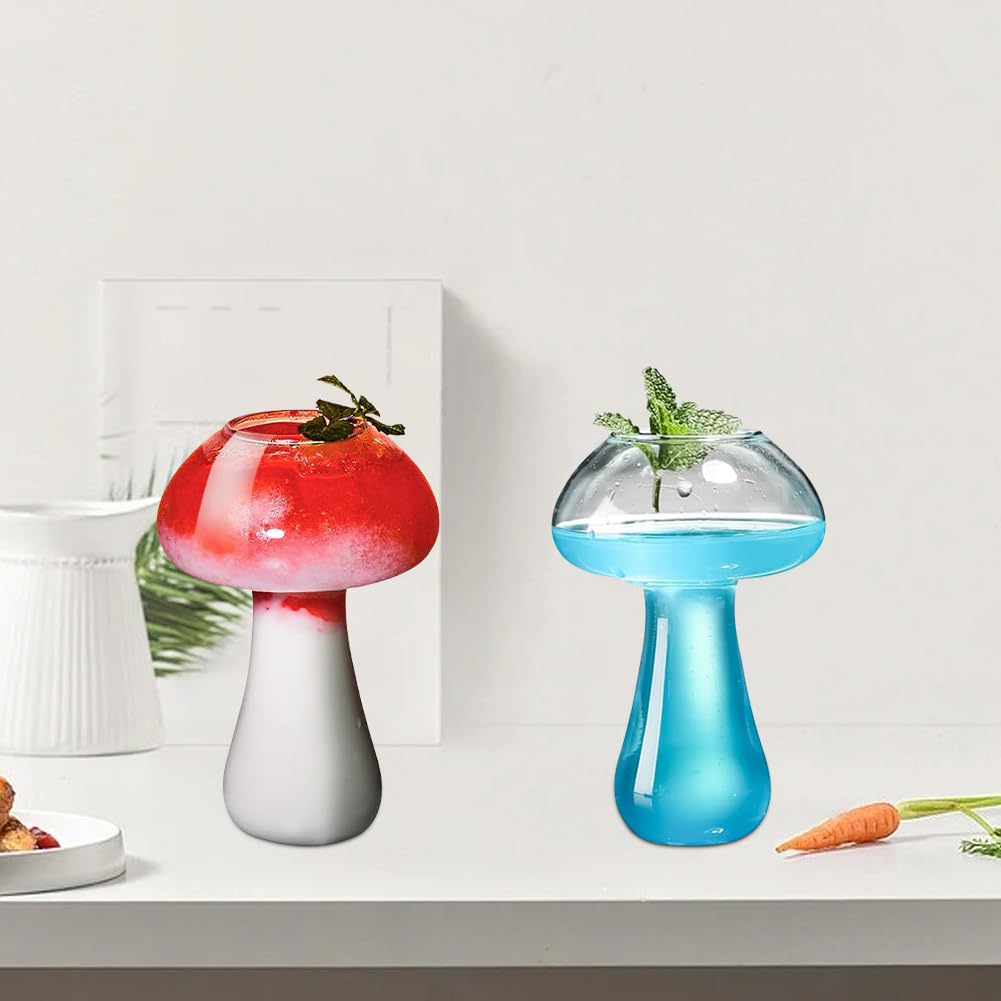 JOYWU 2 Pcs Mushroom Glass Cup,8 Oz Cocktail Mushroom Glasses,Mushroom Shaped Glass Drinks Cups,Creative Drinking Glasses,Iced Coffee Cups,Bubble Glasses,Wine Glass,Martinis Cups,Juice Glasses