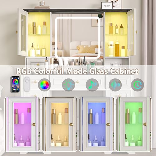 Image of Makeup Vanity Desk with Mirror and Lights, Farmhouse Vanity Table Set with 6 Drawer&Charging Station, Makeup Table with RGB Cabinets, White Vanity with Lighted Mirror for Girls Women, 3 Light Modes