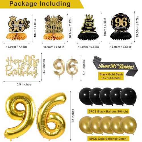 Image of 96th Birthday Decorations for Men, Black Gold 96th Party Decorations | 27pcs Happy 96th Birthdays Set: Banner, Honeycomb, Balloons, Gold Number, Candle, Hanging Swirls, Cake Topper, Party Supplies
