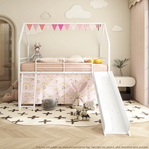 KEIKI Twin Loft Bed with Slide, House Style Bed Twin Size with Curtain, Guardrails, Pennant Banner Flag, Star Stickers, Storage Space, Metal Bed Frame for Teens Kids, White with Pink