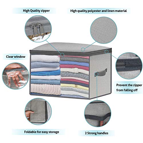 Clothes Storage Bag Organizer for Closet 3pk,Large Capacity Collapsible Linen Blanket Containers Bins with Clear Windows for Comforters,Bedding,Clothing(Grey)