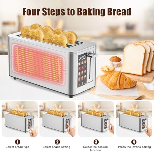Image of 2026 Upgraded TAZTIR Touch Screen Toaster 4 Slice, Premium Stainless Steel Digital Bread Toaster with Timer, 1.5'' Wide Slot, 6 Shade Settings & 6 Bread Types, Bagel Defrost Reheat Cancel Functions