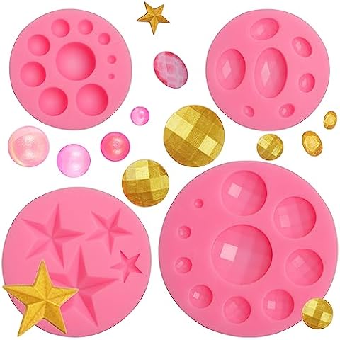 MUYULIN Gems Pearl Silicone Fondant Molds, 4 Packs Star Sphere Chocolate Decoration Molds for Cake Decor, Cupcake Circle Toppers, Pentagram Candy Clay Molds Tools for Birthday Wedding Party Cover