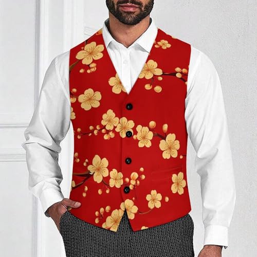 Chinese New Year Flower Suit Vest for Men Slim Fit Sleeveless Jacket V Neck Business Waistcoat Button Up Dressy Top4