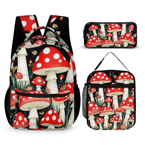 Backpack with Lunch Box & Cosmetic Bag Set Wild Mushrooms Bookbag Daypack Set Backpack with Lunch Bag Storage Bags