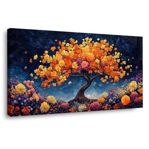 Toile Arbre de Vie fleuri bleu et orange : tableau encadré haute finition