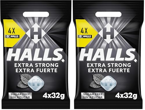 Halls Extra Fuerte Caramelos Duros Sabor Eucalipto sin Azúcar, 4 x 32g (Paquete de 2)