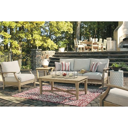 Signature Design by Ashley Clare View Outdoor Patio Sofa, 4 Throw Pillows, Nuvella Weather Resistant Fabric, Eucalyptus Wood, 81" W x 35" D x 32" H, Beige