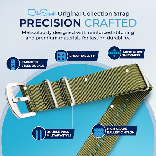 Image of BluShark - Original Collection Military-Style Waterproof Watch Strap, Fits All Timepiece Brands, Durable Nylon Wristwatch Accessories with Stainless Steel Buckle - 18mm, 20mm, 22mm & 24mm Watch Bands
