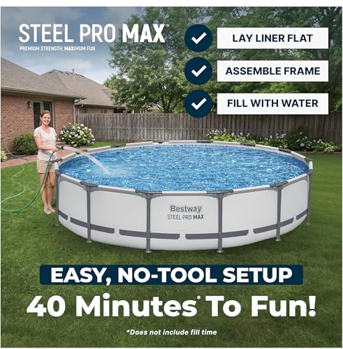 Image of Bestway Steel Pro MAX 14' x 33 inch Round Above Ground Pool Set with Pump | Metal Frame Pool, Corrosion-Resistant Steel, Puncture-Resistant Liner, Filter Pump, No-Tool Setup, Quick-Click Connectors
