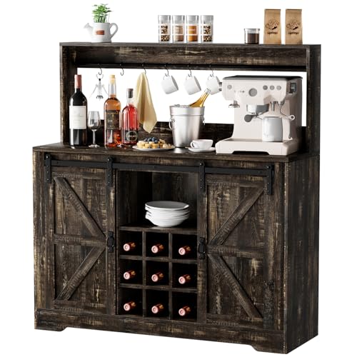 Coffee Bar Cabinet with Storage, Farmhouse Coffee Bar Table with 6 Hooks & Removable Wine Rack, Coffees Station Cabinet Liquor Bars with Hutch for Home, Dining Room, Living Room