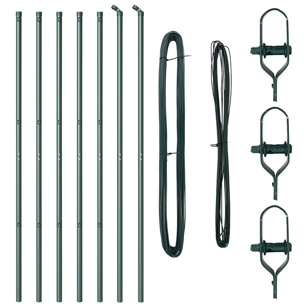 Juego de 7 postes de valla verde de acero con recubrimiento en polvo, postes de esquina de 200 cm, incluye alambre tensor y accesorios, postes metálicos para valla de malla de alambre, jardín