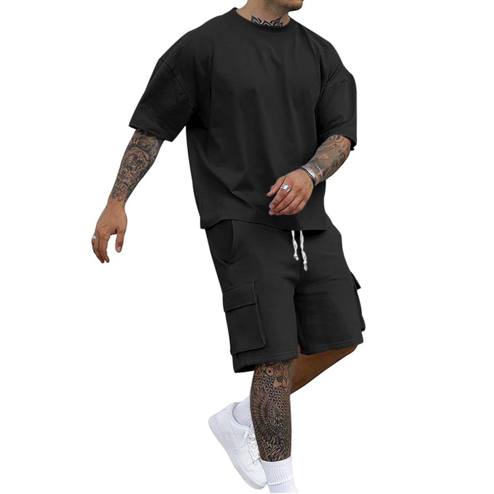 Conjunto de ropa de verano para hombre, camiseta de gran tamaño y pantalones cortos tipo cargo, traje deportivo casual de 2 piezas — view 2