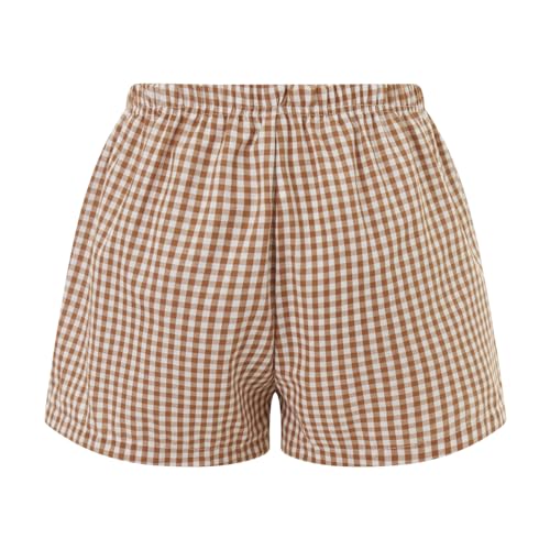 Image of Yuemengxuan Y2k Plaid Shorts Baggy Boxer Shorts for Women Elastic Waist Casual Lounge Bottom Gingham Pajama Shorts Sleepwear