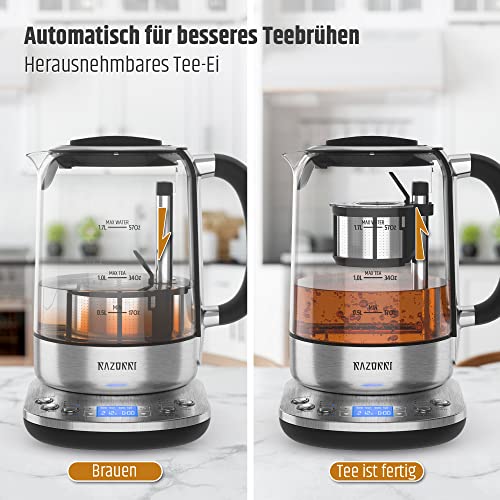 Razorri Elektrischer Teezubereiter - 1,7 L, automatisch anhebender Teekorb BPA Free, 5 Teesorten und 3 Brühstärken, Warmhalten bis zu 60 Minuten, programmierbare Zeit für Teezubereitung, mit Edelstahl