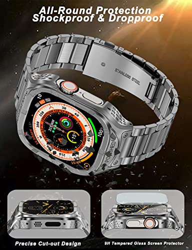San Jeirie for Apple Watch Ultra Strap 49mm,Stainless Steel Apple Watch Ultra Band and Case,Rugged Metal Protective Bumper Cover with Military Soft TPU Case for Men iWatch Strap (Grey) - Image 2