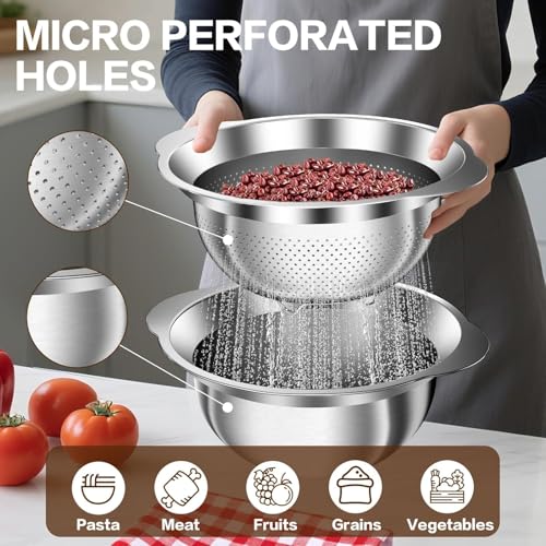 Image of Stainless Steel Strainer with Mixing Bowl, Rice Washer, Colander for Kitchen, Rice Strainer, Fruit and Vegetable Wash, Microporous Colander, Fruit Cleaner Bowl, Dishwasher Safe