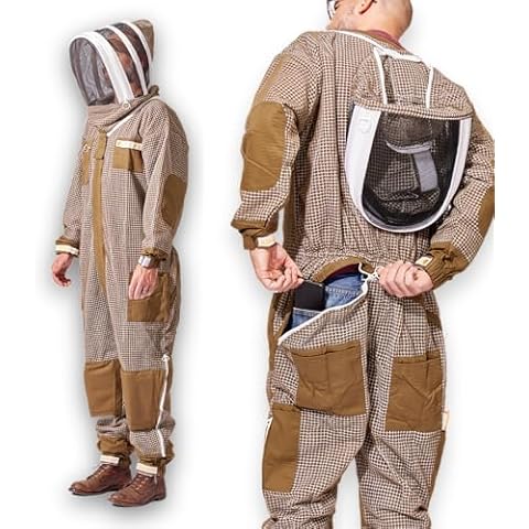 Sting Stopper Triple Layer Ventilated Bee Suit with Completely Updated Design with New Pockets, Boot Friendly Double Ring Zippers, Easy Open Veil for Men and Women, Olive Green, Medium Cover