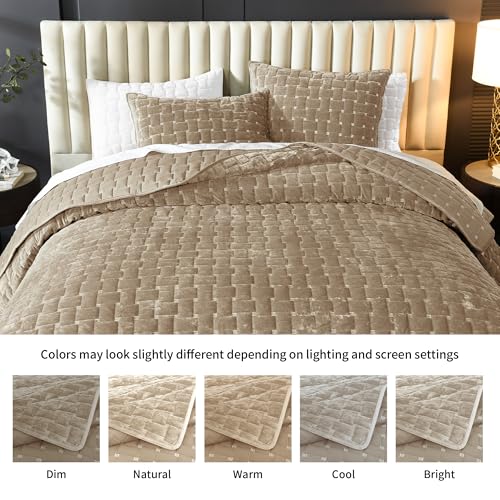 Image of Grassix Velvet Quilt Set Queen Size, Luxury Geometric Design, Beige Taupe | Lightweight Velvet Comforter with 2 Pillow Shams, Ultra Soft Bedspread Coverlet, Quilted Bedding Set for All Seasons, 90 inchx96 inch