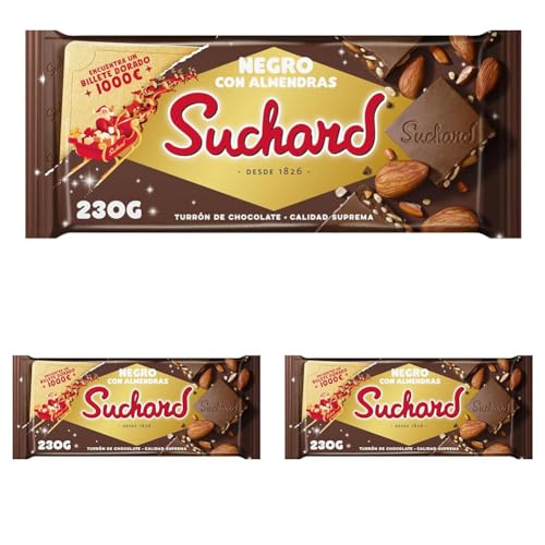 Suchard Tableta de Turrón de Chocolate Negro con Almendras y Arroz Inflado 230g (Paquete de 3)