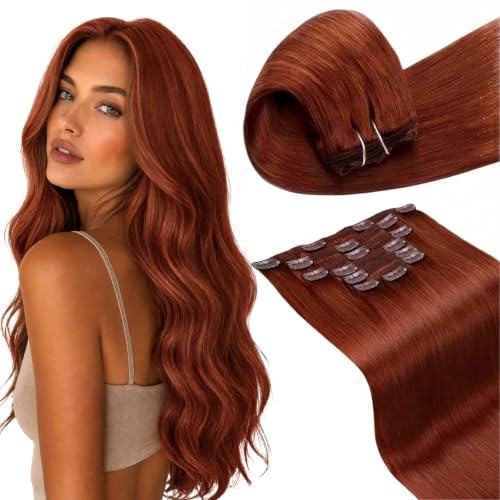Image of LaaVoo Human Hair Extensions Clip ins Auburn Hair Extensions Real Human Hair Clip in 18inch Remy Hair Clip in Extensions Auburn Reddish Brown Full Head Double Weft 120G 7Pcs