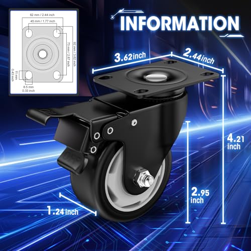 Image of 3 Inch Caster Wheels, Casters Set of 24, ASHGOOB Casters with Brake Heavy Duty, Industrial Locking Swivel Top Plate Castor Wheels for Workbench /Furniture /Cart. （AB Switch, Double Pedal Brake
