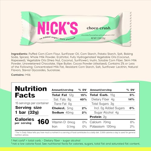 Image of N!CK'S Choco Crush Chocolate Candy Bar with Salted Corn Puffs, No Added Sugar, Gluten Free, 160 Calories, 1.13 oz - 15-Pack (32g Each)