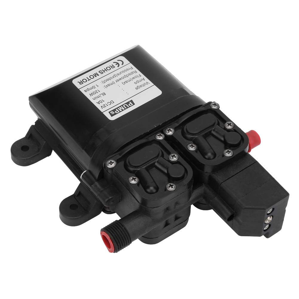 Pompa acqua a membrana 12V 120W, pompa a membrana autoadescante ad alta pressione con pressostato automatico, aspirazione 2- Portata massima 8L/min, usata su prato, giardino,