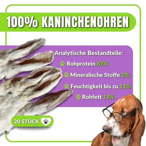 Naturbiss Hasenohren mit Fell für Hunde – 20 Stück - Barf Leckerli Hypoallergen Kausnack für Zahnpflege, Kaninchenohren 100% Natürlich - Welpen, Senioren – Trockenbarf für Hund