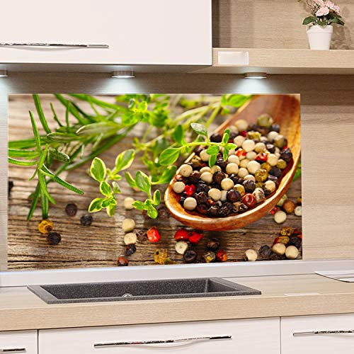 GRAZDesign Protector contra salpicaduras de cristal para cocina, diseño de hierbas y especias en cuchara mediterránea, espejo de cocina, panel posterior de cristal templado de 4 mm, 60 x 40 cm