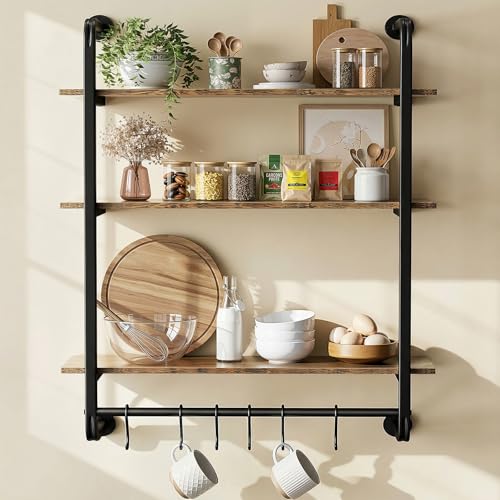 Kssiaz 3 Tier Industrial Pipe Shelving, 24" Kitchen Shelves Wall Mounted with 6 Hooks, Coffee Bar Shelves Display Bookshelf Wall Shelf for Bedroom, Bathroom, Home Décor, Rustic Brown