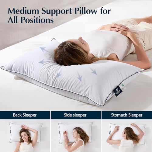 Pacific Coast Pillows Queen Size Set of 2, Goose Down Fiber Bed Pillows for Sleeping, Hotel Pillows, Downproof, Medium, White