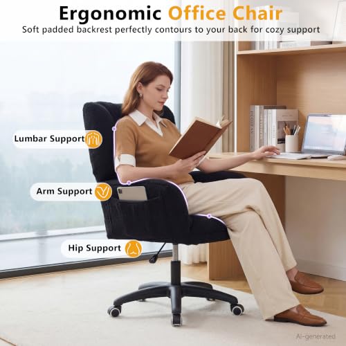 Image of FOXHUNTER Vanity Chair with Ergonomic Back & Wheels, 360 Swivel Accent Chair, Adjustable Height Home Office Chair for Living Room, Bedroom,Teddy Black(Upgraded Oversized)