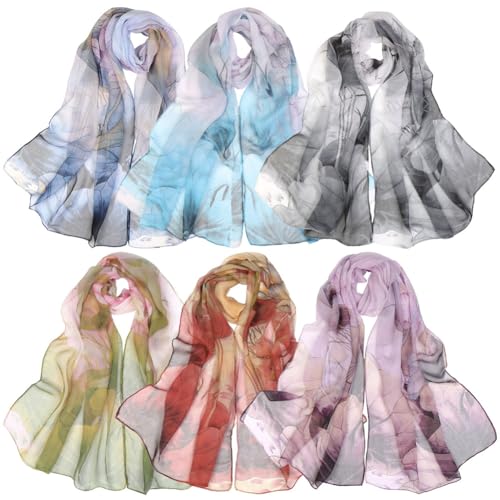 6 Pack Summer Scarves for Women Lightweight Ultra Thin Silk Sunscreen Head Scarf Floral Chiffon Scarves