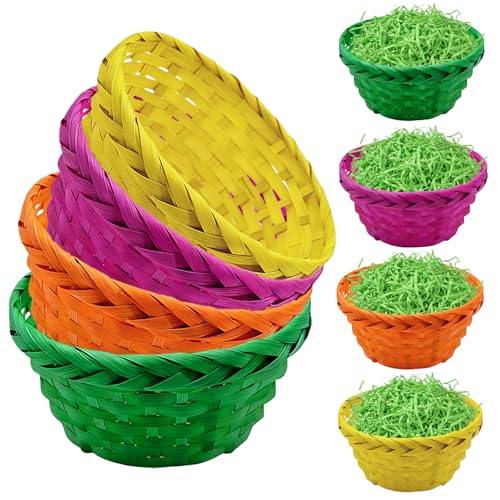 ZoneYan Cesta Huevos Pascua Colores, 4 Piezas Cesta Pascua con Relleno Virutas Papel, Nido de Pascua de Bambú, Cestas de Tejida Redonda para Pascua Decoración y Almacenar