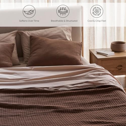 Image of Haus and Kinder Double Bedsheet, 300 TC 100% Organic Cotton Percale Weave, Fitted Bedsheet for Double Size Bed with 2 Pillow Covers - Marrow Stitch Detaling (Coastal Calm, 60 inchx78 inchx10 inch Size)