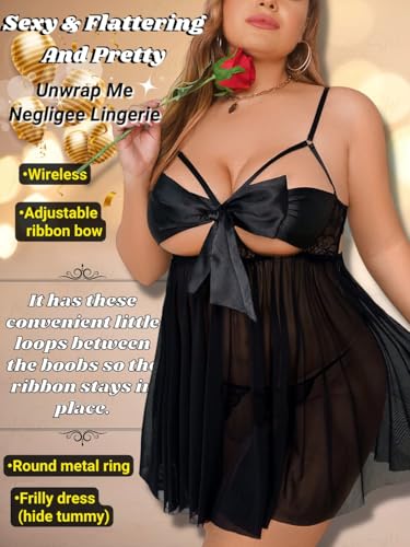 Image of SSoShHub Women Babydoll Lingerie Plus Size Net Chemise Front Ribbon Halter Nightwear Teddy Nightgown Babydoll Lingerie Female Wedding Nightgown bodybikini